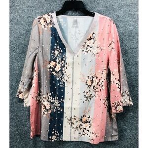 Noracora Blouse Women's Medium Floral‎ Print 3/4 Sleeve Top Striped V-Neck